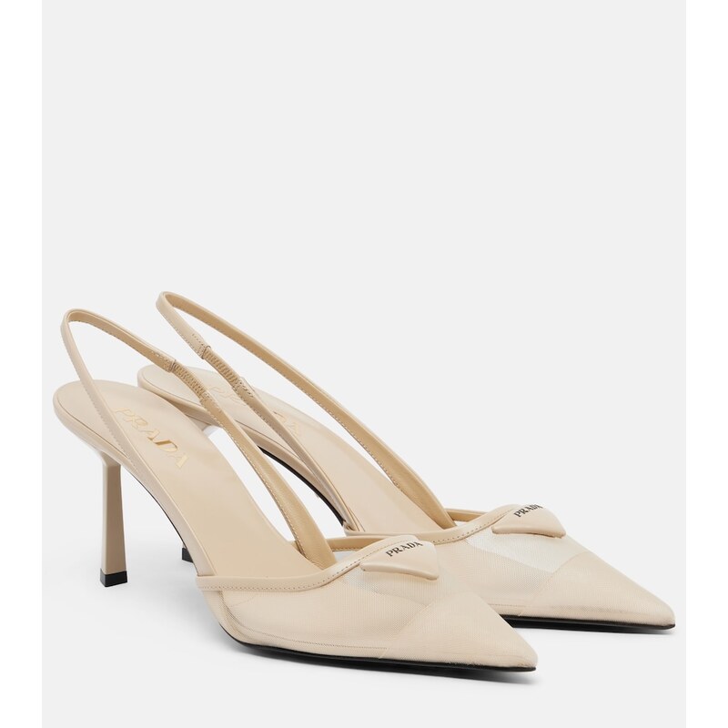 Prada Leather-trimmed mesh slingback pumps