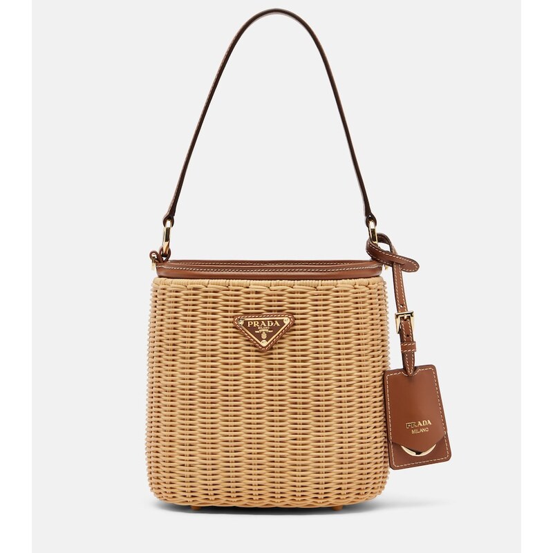 Prada Leather-trimmed wicker bucket bag