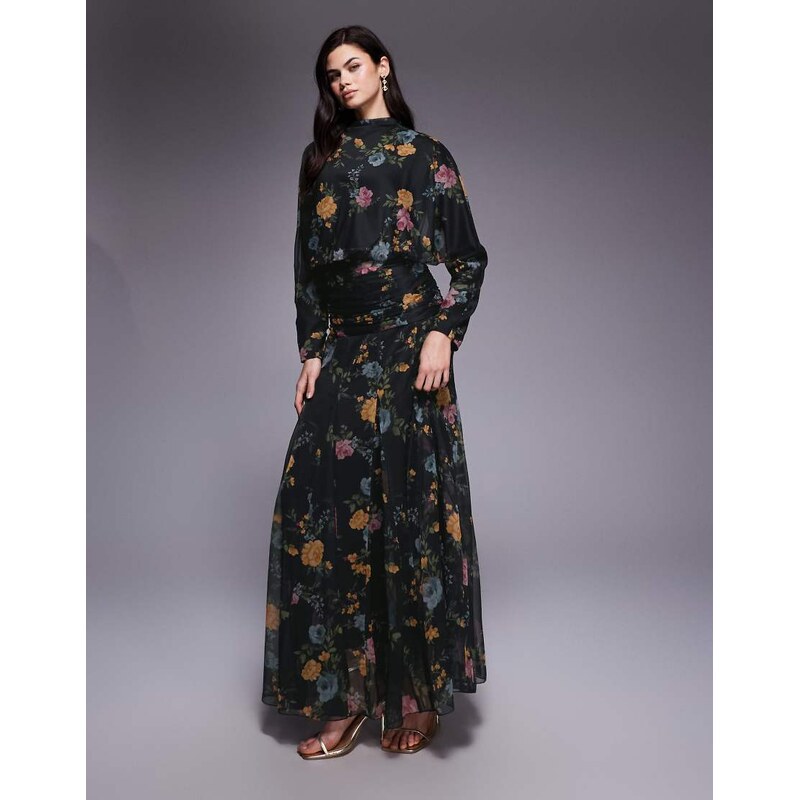 ASOS DESIGN chiffon shirred waist panel godet maxi dress in