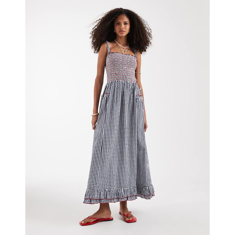 Neon Rose shirred midaxi dress with ruffle edge detail in blue