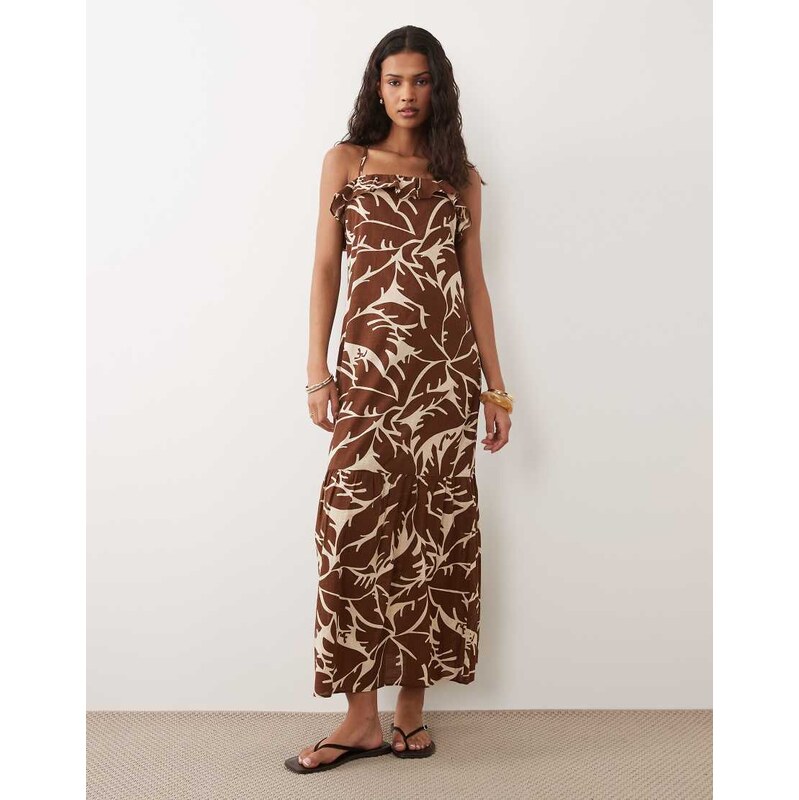 New Look leaf print strappy midi dress in brown