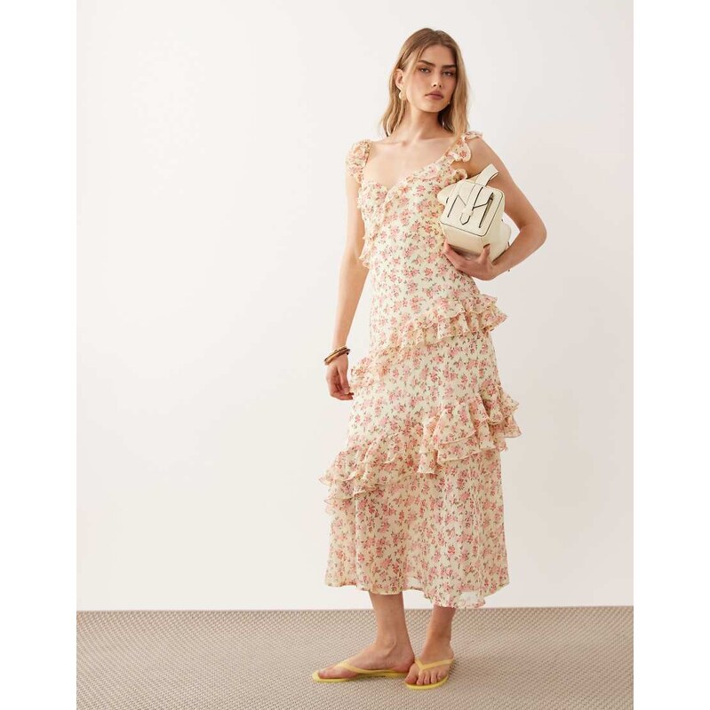 New Look Petite floral bouquet print ruffle maxi dress in yellow