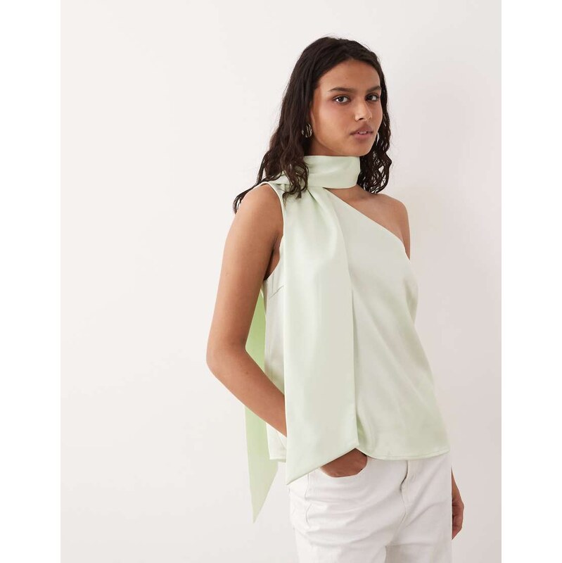 YAS satin one shoulder top with scarf detail in green