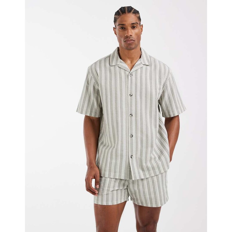 ASOS DESIGN co-ord relaxed revere seersucker shirt in sage green