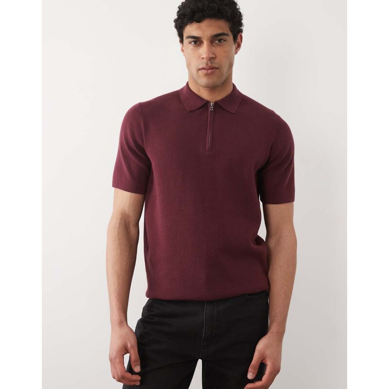 ASOS DESIGN Essential knitted cotton blend zip polo in burgundy