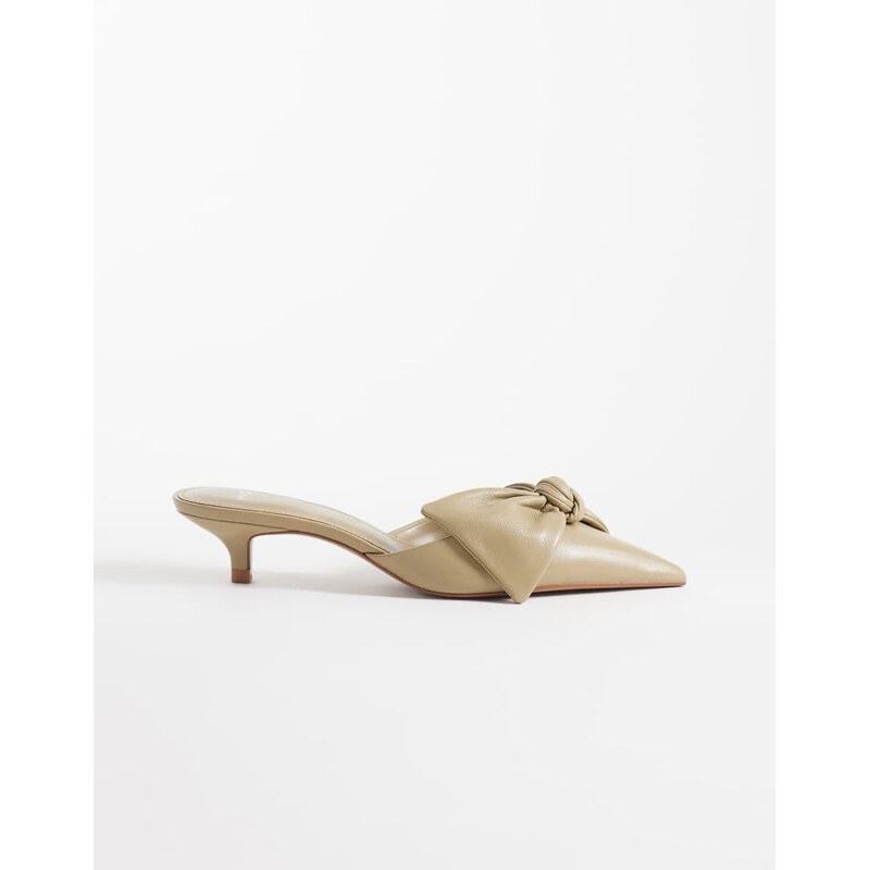 Mango 100% leather overized bow heeled mule in beige-Neutral