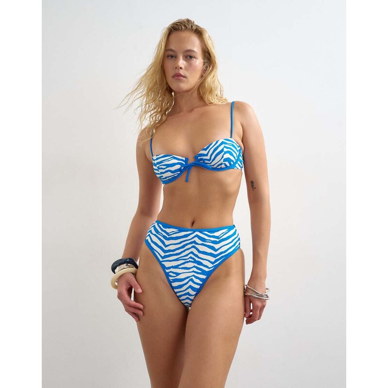 Topshop Ibiza high waisted bikini bottom in blue and white zebra