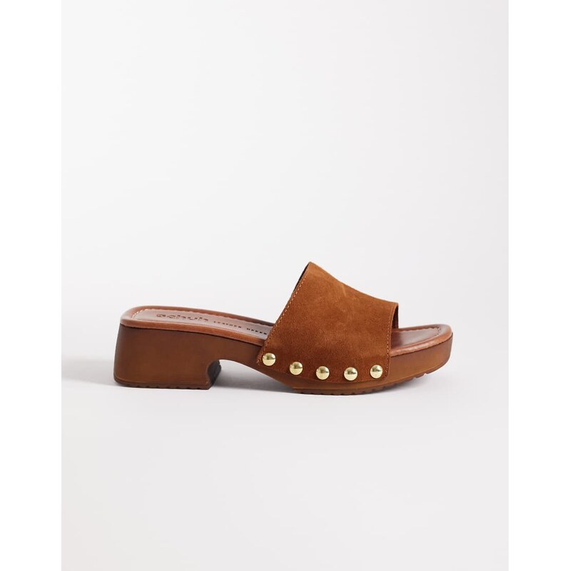 Schuh Verity studded heeled clog in brown suede