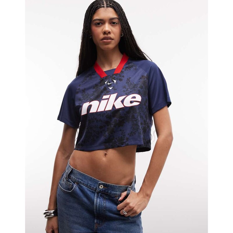 Nike cropped lace effect football top in navy
