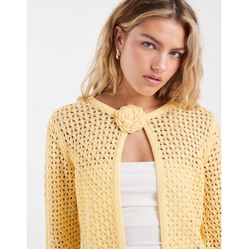 Vero Moda crochet knit cardigan with floral corsage in golden