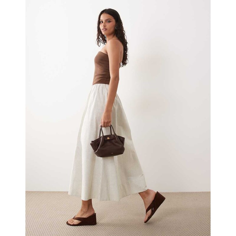 YAS bandeau contrast pinstripe maxi dress in brown and white