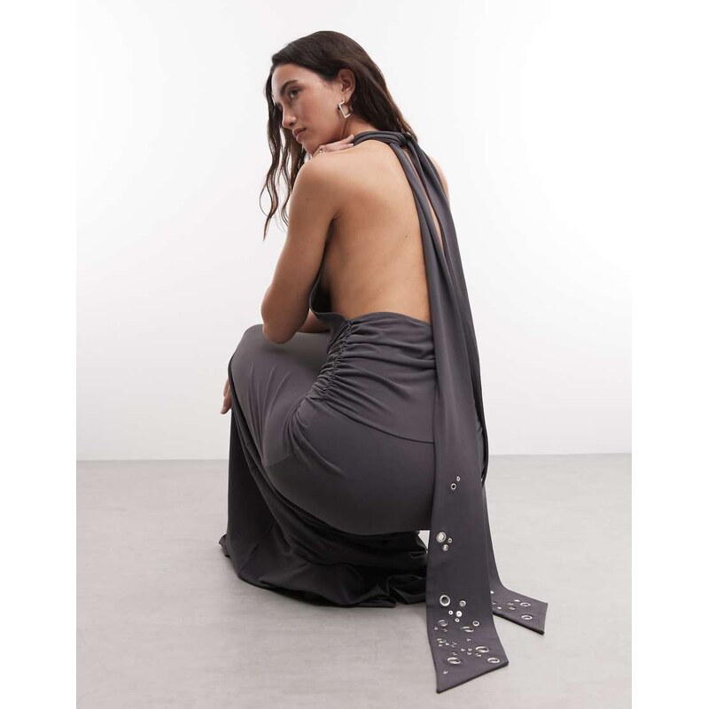 Weekday halter neck scarf detail maxi dress with drop waist in