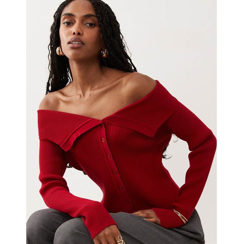 Miss Selfridge fold over bardot kitted rib top in red-White