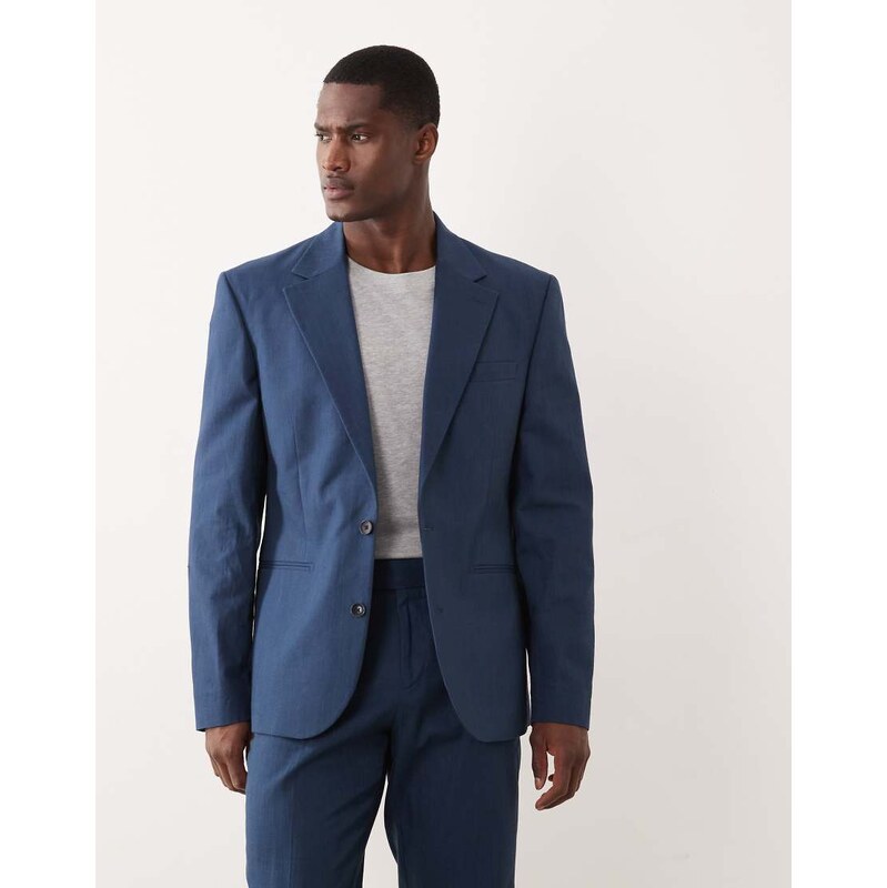 ASOS DESIGN 100% cotton linen look slim suit jacket in navy