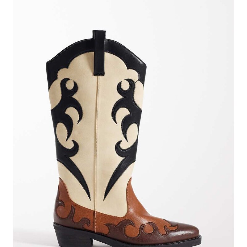 Public Desire Wide Fit Celia western boots in brown and cream