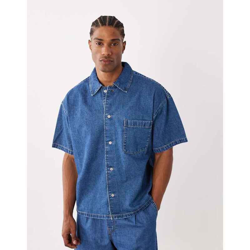 Jack & Jones co-ord short sleeve denim shirt in mid blue