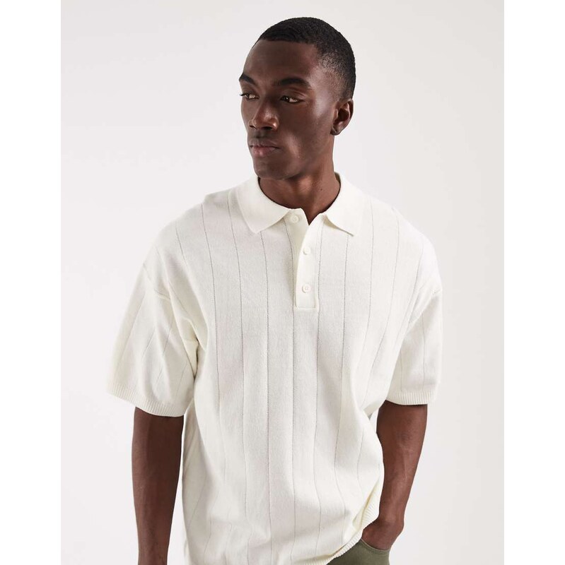 JJ Rebel knitted ribbed polo in off white