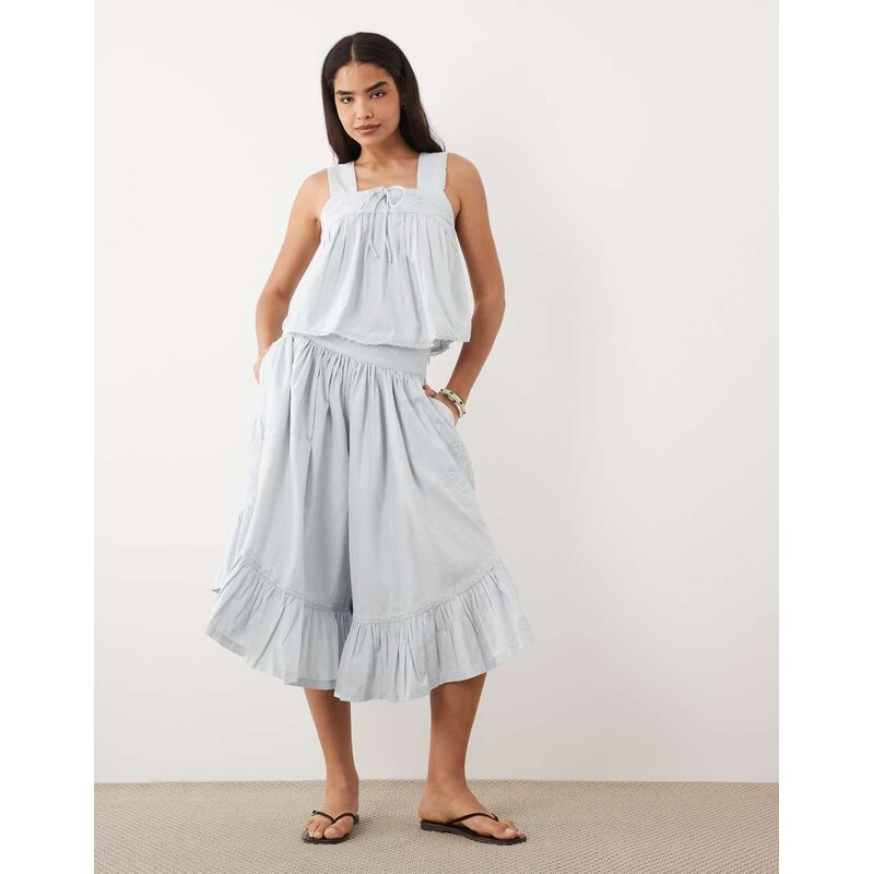 ASOS DESIGN wide leg cropped trousers with crochet trim in blue