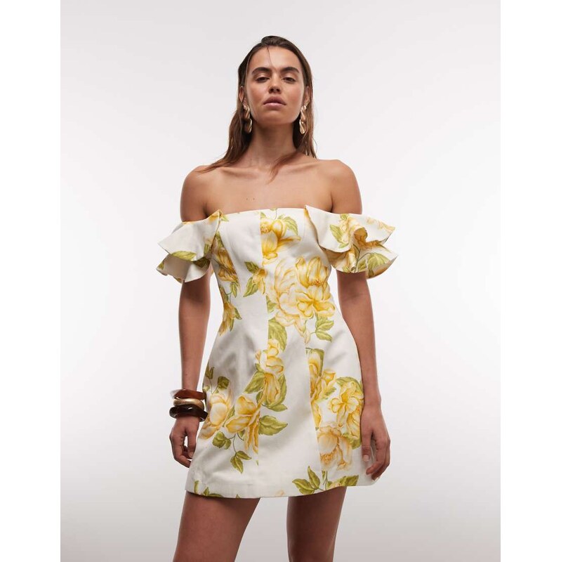 Forever New off the shoulder ruffle mini dress in yellow floral