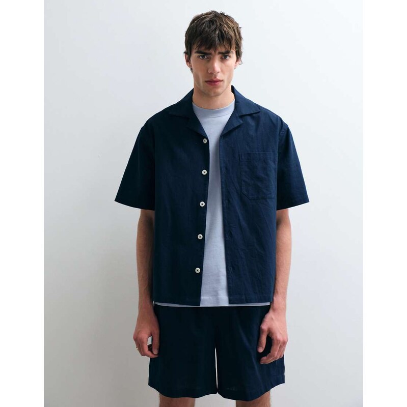 ASOS COLLECTIVE co-ord relaxed cotton shirt with linen in navy