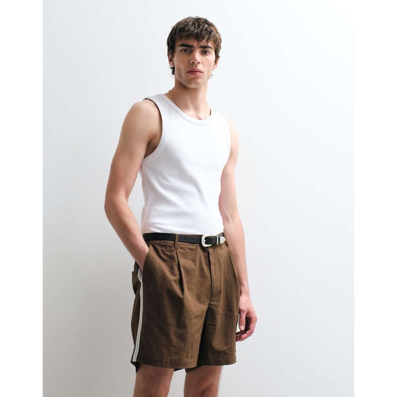 ASOS COLLECTIVE cotton woven trim shorts with linen in brown