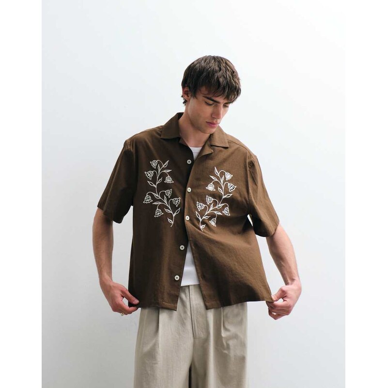 ASOS COLLECTIVE relaxed cotton embroidered shirt with linen in