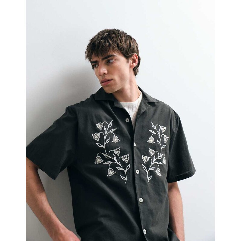 ASOS COLLECTIVE relaxed cotton embroidered shirt with linen in