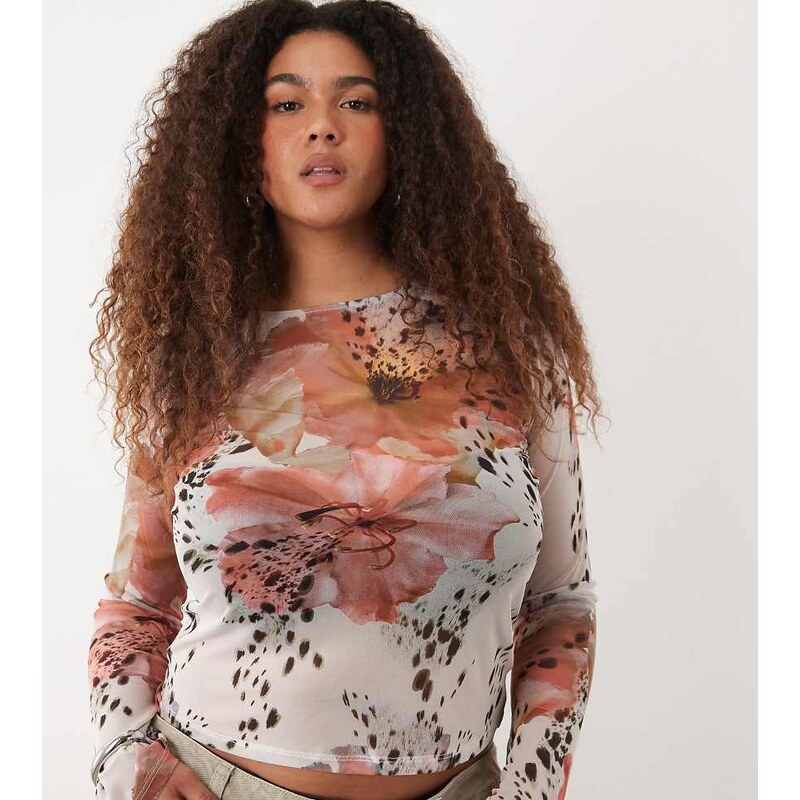 ASOS Curve ASOS DESIGN Curve sheer mesh flare long sleeve top in