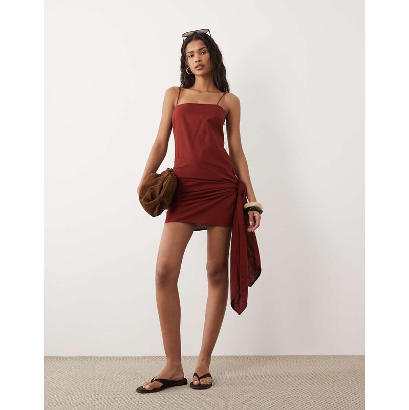 ASOS DESIGN cotton linen sarong wrap mini sundress in rust-Brown