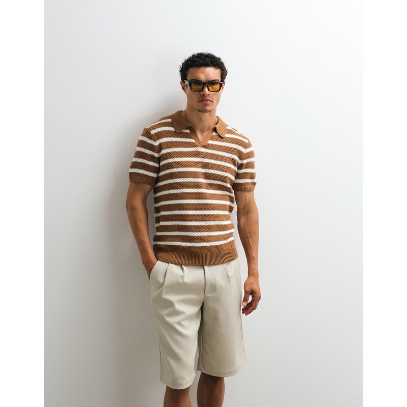 New Look cable knitted collared t-shirt in brown