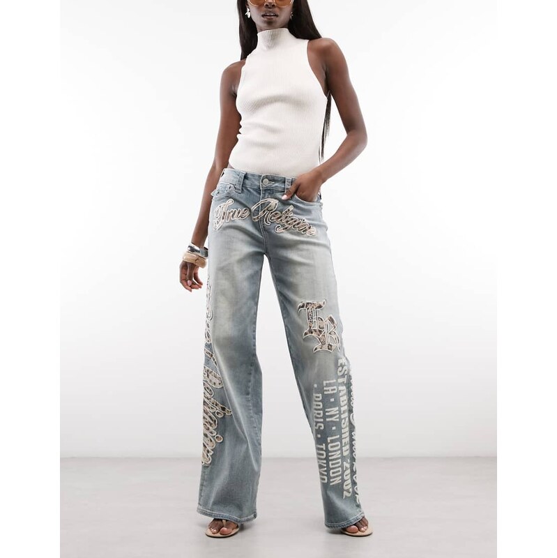 True Religion Bobbi baggy logo print jeans in light wash blue