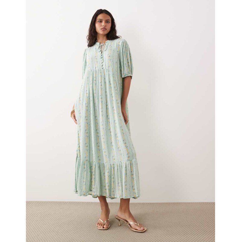 YAS Festival boho style puff sleeve maxi dress with button front