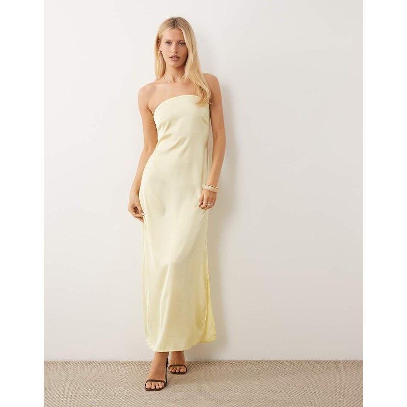 Pieces bandeau maxi satin dress in pale banana-Yellow