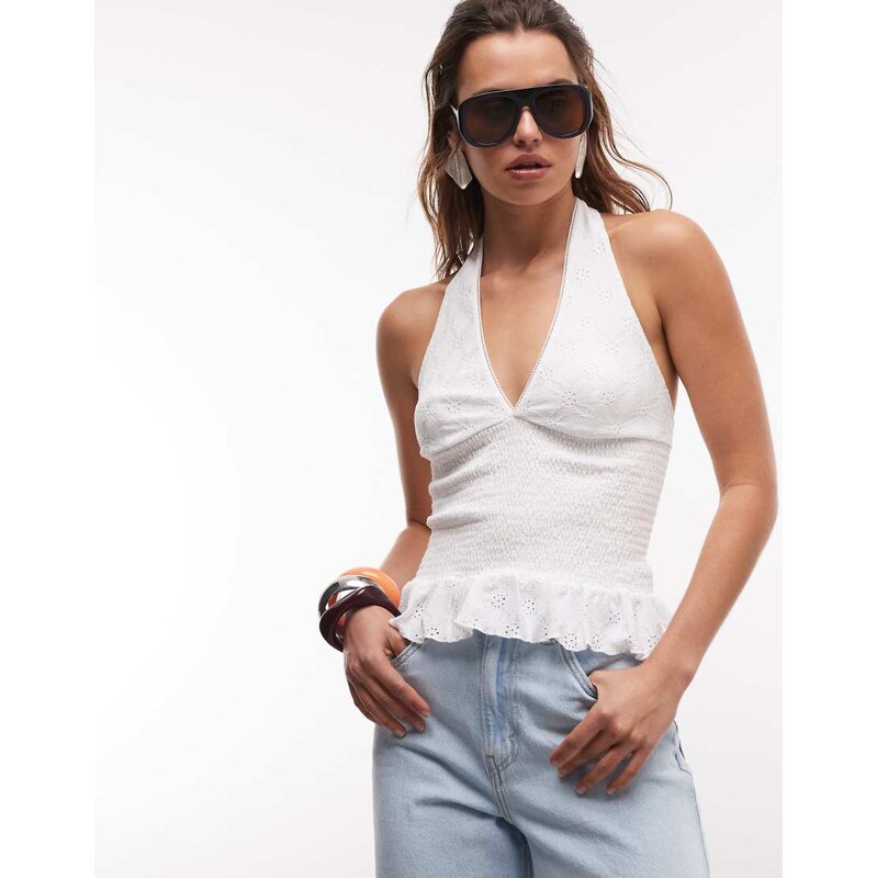 Gina Tricot halterneck broderie anglaise top in white
