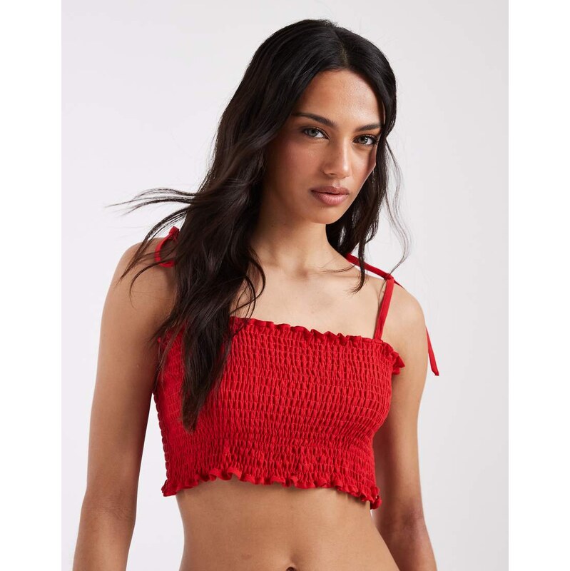 ASOS DESIGN linen blend shirred bralet top in red