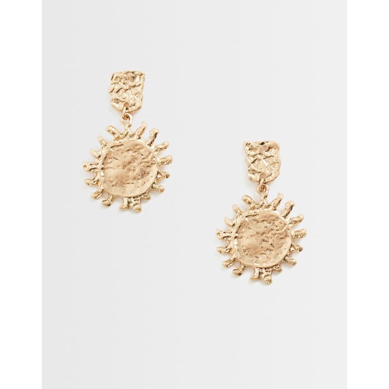 ASOS DESIGN earrings with sun pendant in molten brushed gold