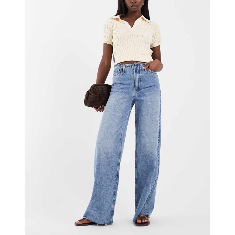 ASOS DESIGN low rise raw waistband straight leg jean in blue