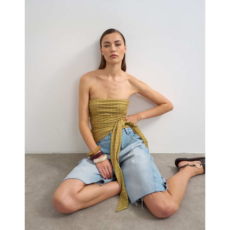 Topshop tile print tie detail bandeau top in green