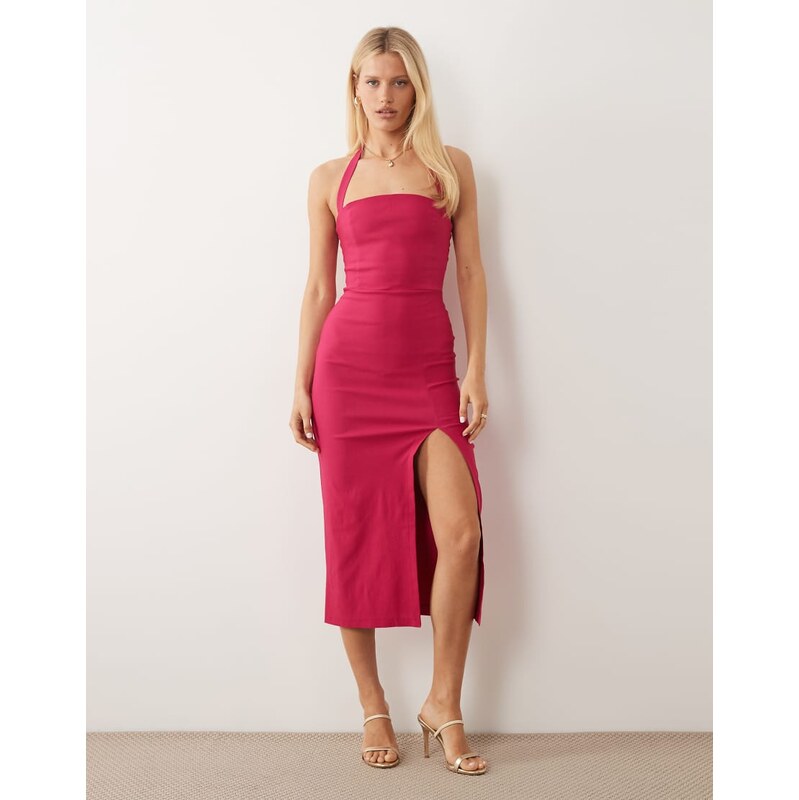 Vesper bengaline halterneck thigh split midi dress in fuchsia