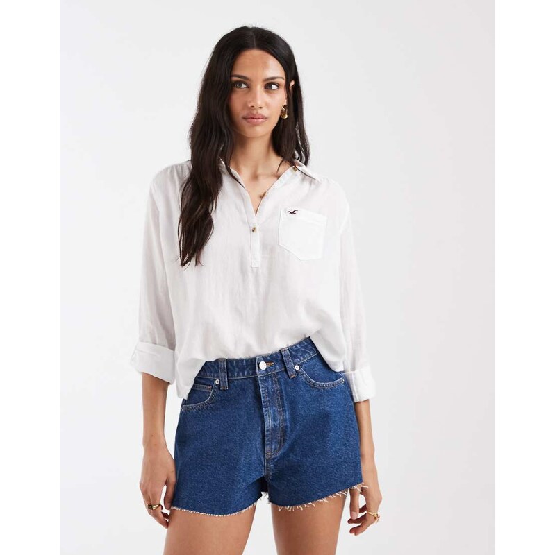 Hollister oversized 1/4 button up shirt in white