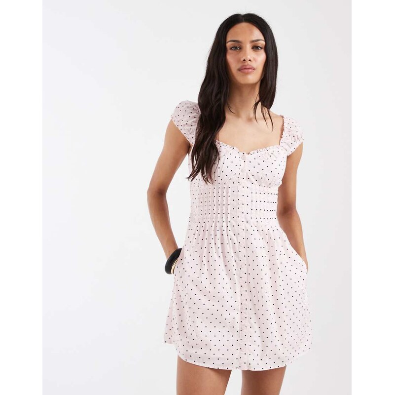Hollister milkmaid smocked waist mini dress in pink polka dot