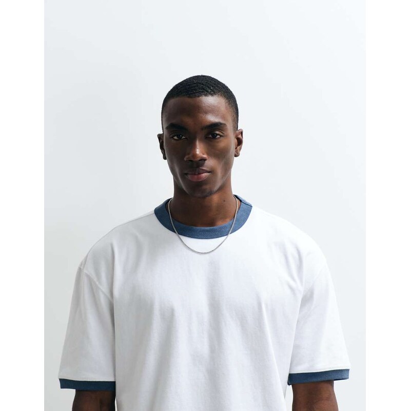 Hollister heavyweight boxy ringer t-shirt in white and blue