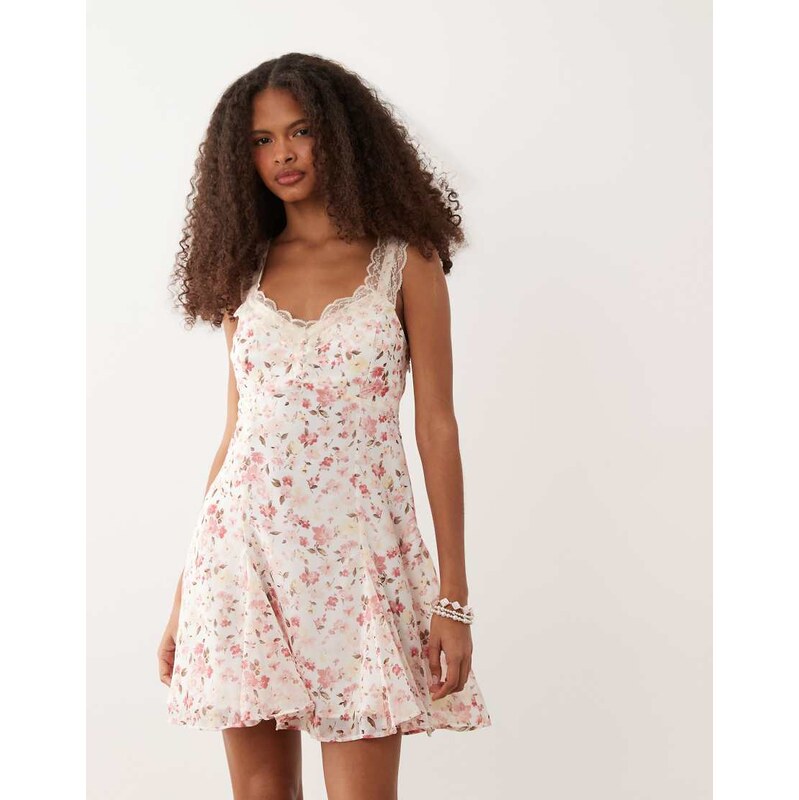 Abercrombie & Fitch lace trim mini dress in cream floral print