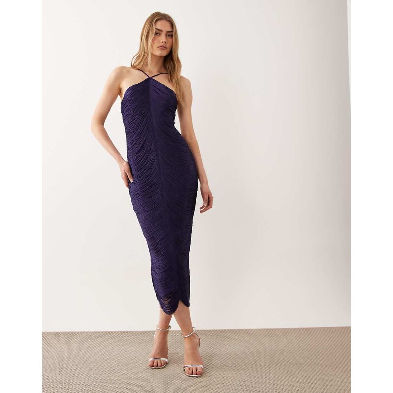 Mango Capsule tassle halterneck midi dress in deep blue