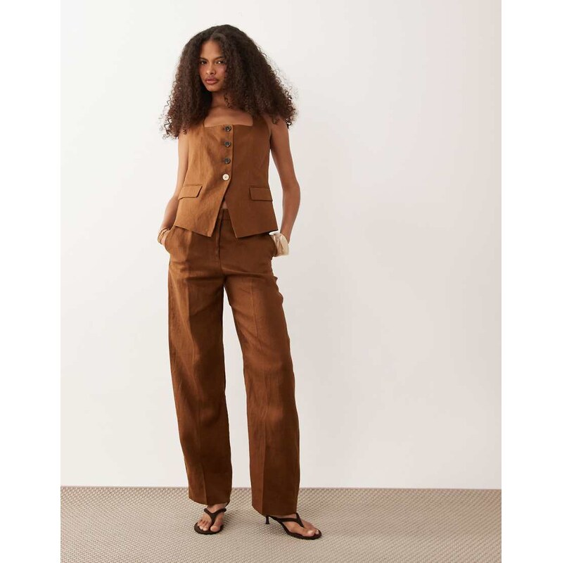 Mango Boreli 100% linen straight leg trouser co-ord in brown