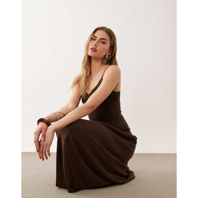 Mango scoop neck strappy drop waist maxi dress in brown