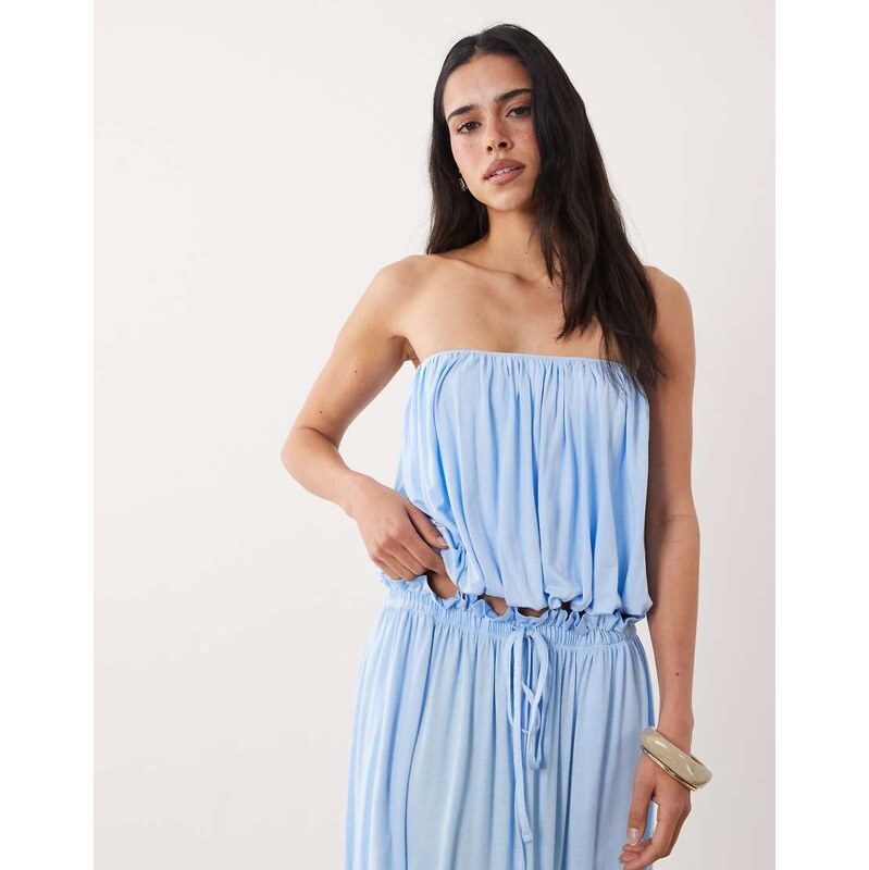 ASOS DESIGN bandeau ruched co-ord crop top in light blue-Brown
