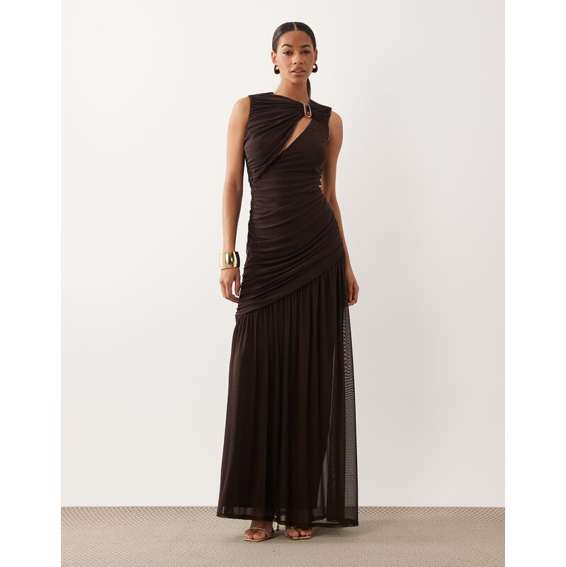 ASOS DESIGN cowl back cutout mesh maxi dress with bead detail in