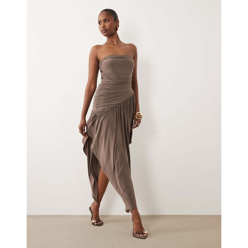 ASOS DESIGN ruched bandeau hanky hem slinky midi dress in grey