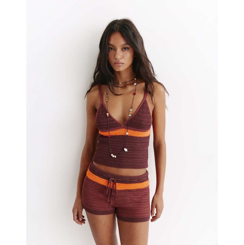 Pull&Bear Striped crochet knit top in brown